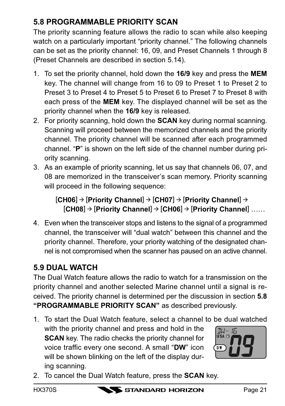 8 programmable priority scan, 9 dual watch | Standard Horizon HX370S User Manual | Page 23 / 48