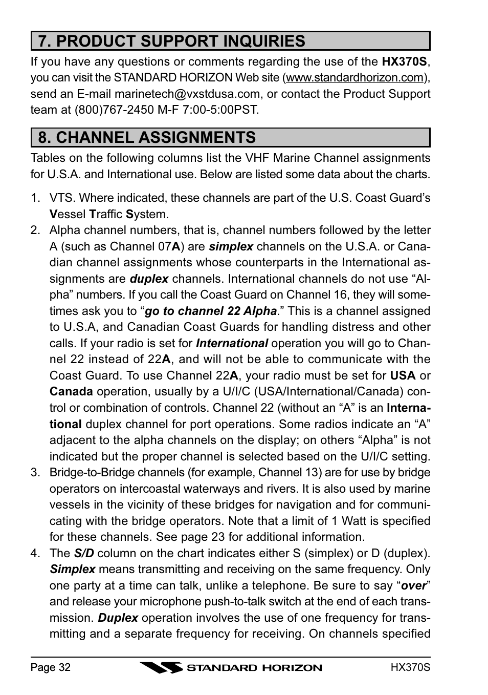 Product support inquiries, Channel assignments | Standard Horizon HX370S User Manual | Page 34 / 48