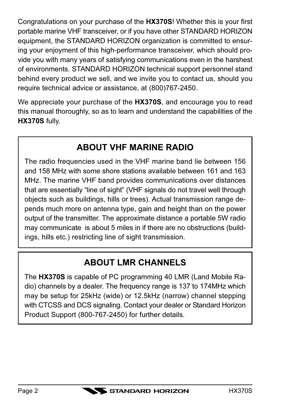 About vhf marine radio, About lmr channels | Standard Horizon HX370S User Manual | Page 4 / 48