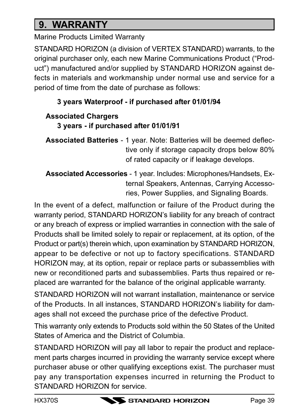 Warranty | Standard Horizon HX370S User Manual | Page 41 / 48