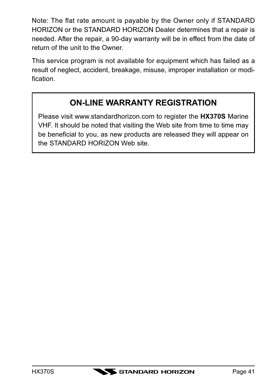 On-line warranty registration | Standard Horizon HX370S User Manual | Page 43 / 48