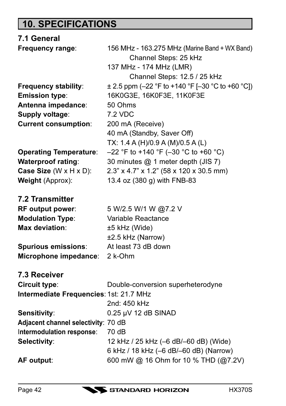 Specifications | Standard Horizon HX370S User Manual | Page 44 / 48