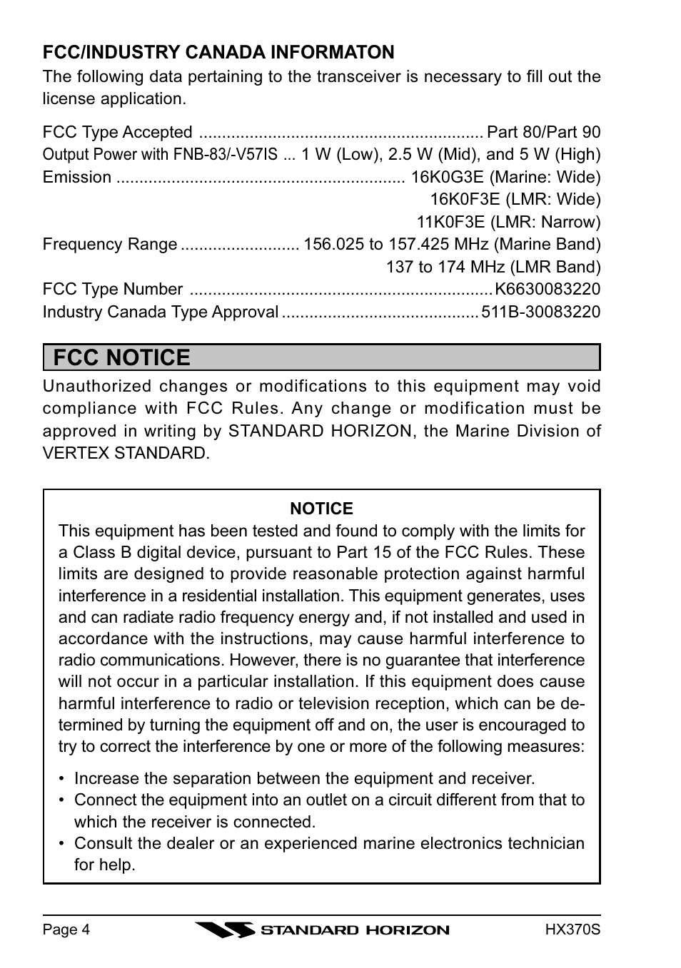 Fcc notice | Standard Horizon HX370S User Manual | Page 6 / 48