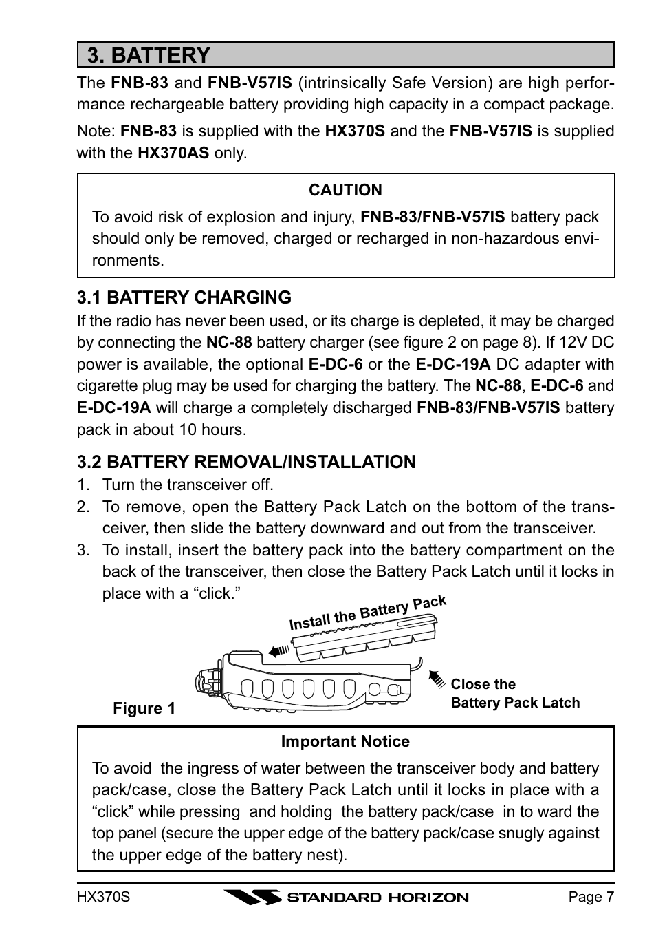 Battery | Standard Horizon HX370S User Manual | Page 9 / 48