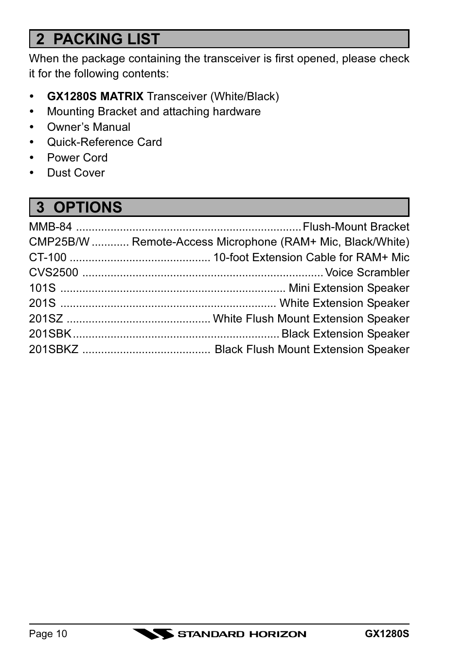 2 packing list, 3 options | Standard Horizon MATRIX GX1280S User Manual | Page 10 / 74