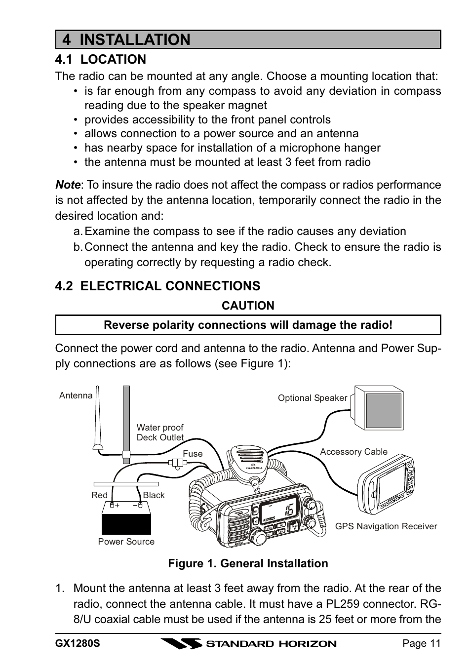 4 installation, 1 location, 2 electrical connections | Standard Horizon MATRIX GX1280S User Manual | Page 11 / 74