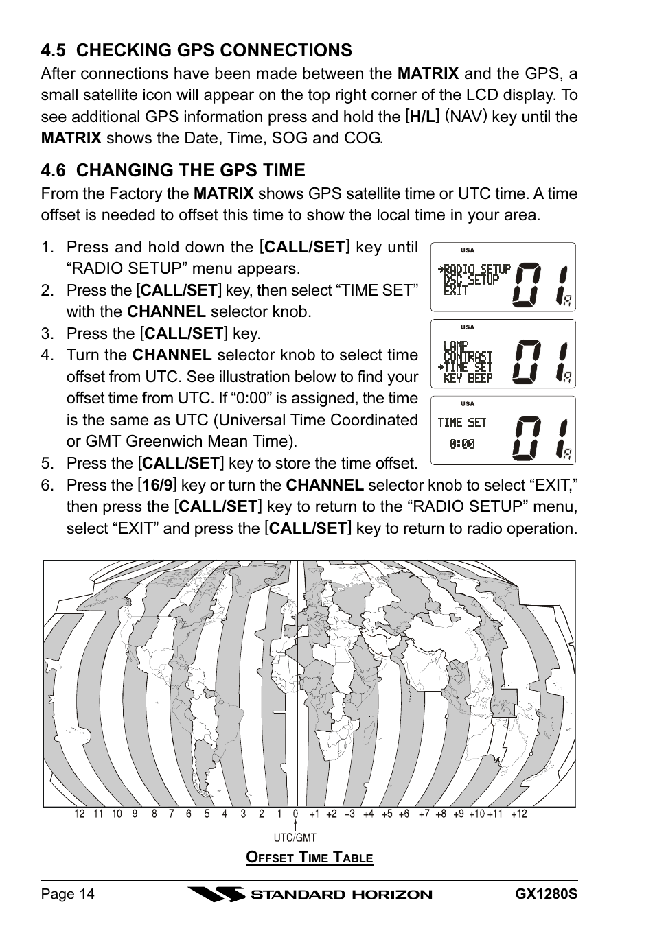 5 checking gps connections, 6 changing the gps time | Standard Horizon MATRIX GX1280S User Manual | Page 14 / 74