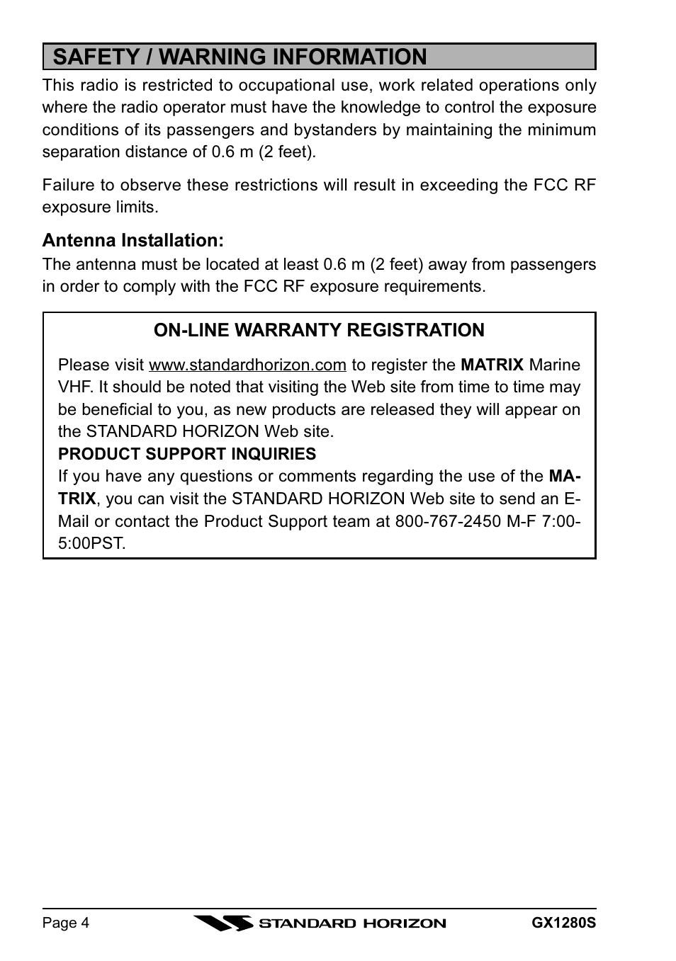 Safety / warning information | Standard Horizon MATRIX GX1280S User Manual | Page 4 / 74