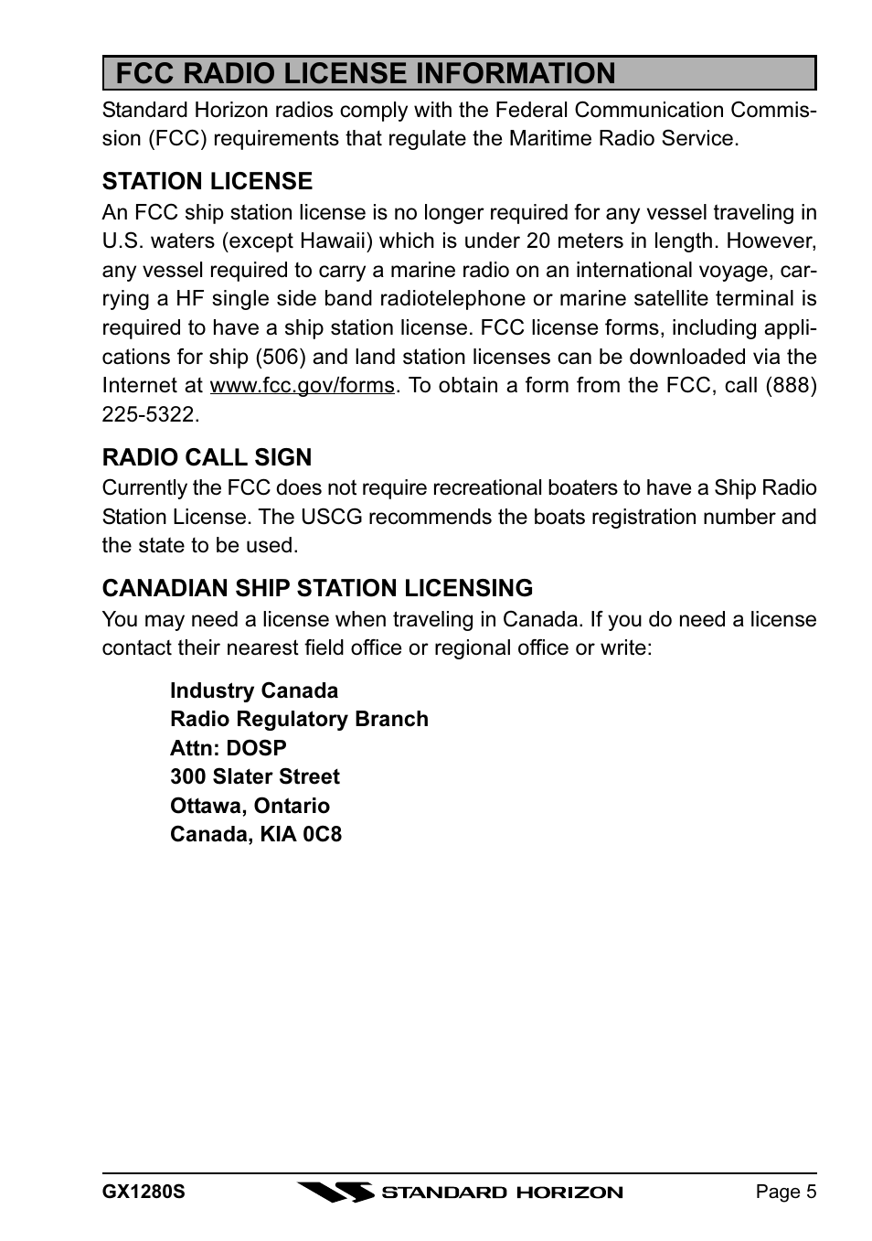 Fcc radio license information | Standard Horizon MATRIX GX1280S User Manual | Page 5 / 74