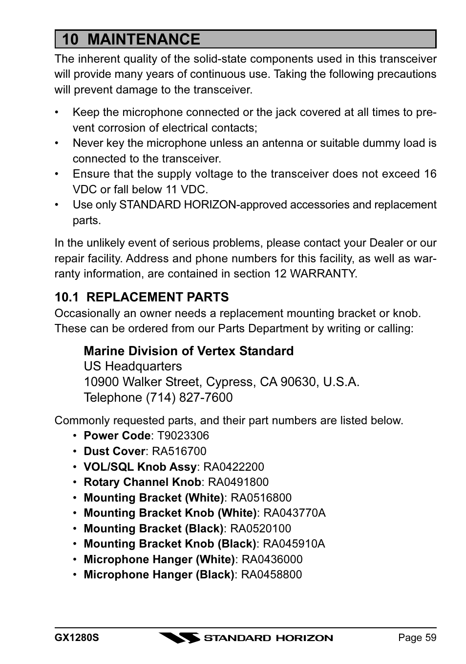 10 maintenance | Standard Horizon MATRIX GX1280S User Manual | Page 59 / 74