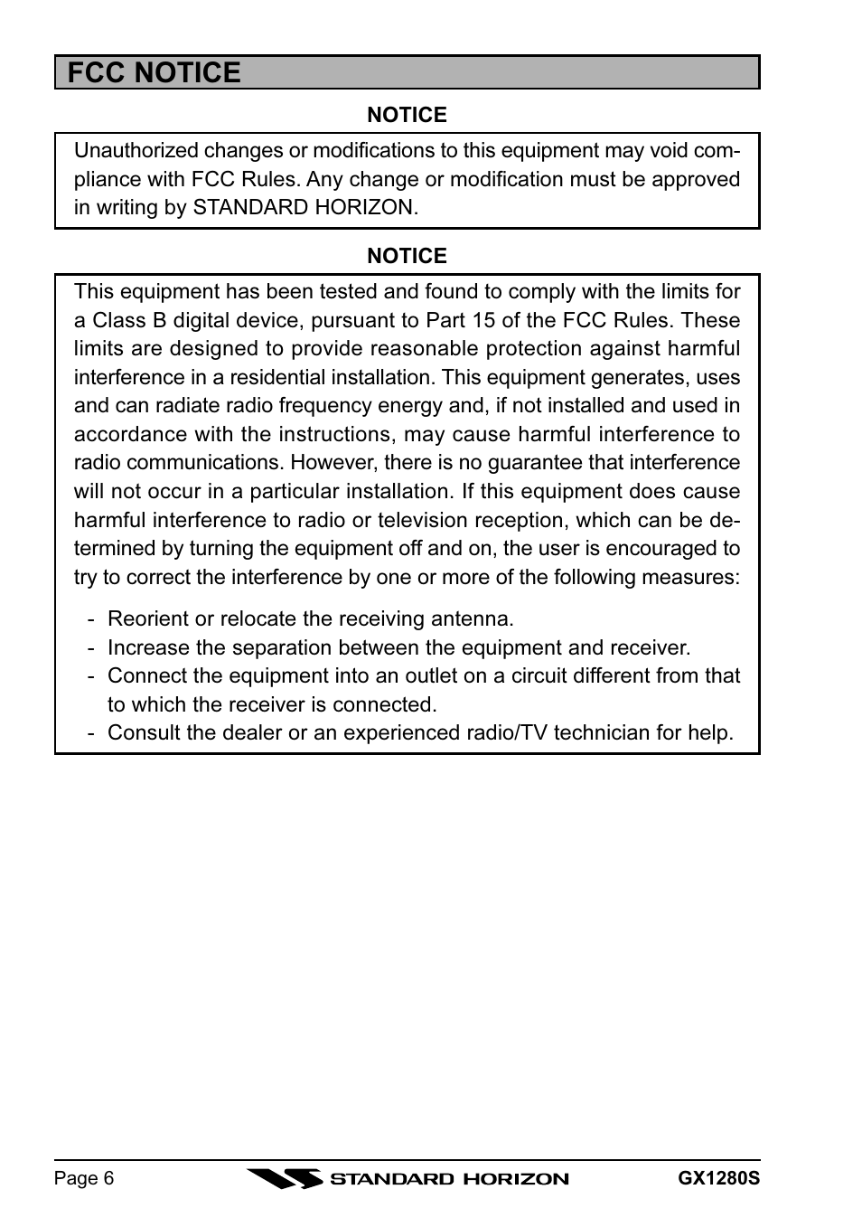 Fcc notice | Standard Horizon MATRIX GX1280S User Manual | Page 6 / 74