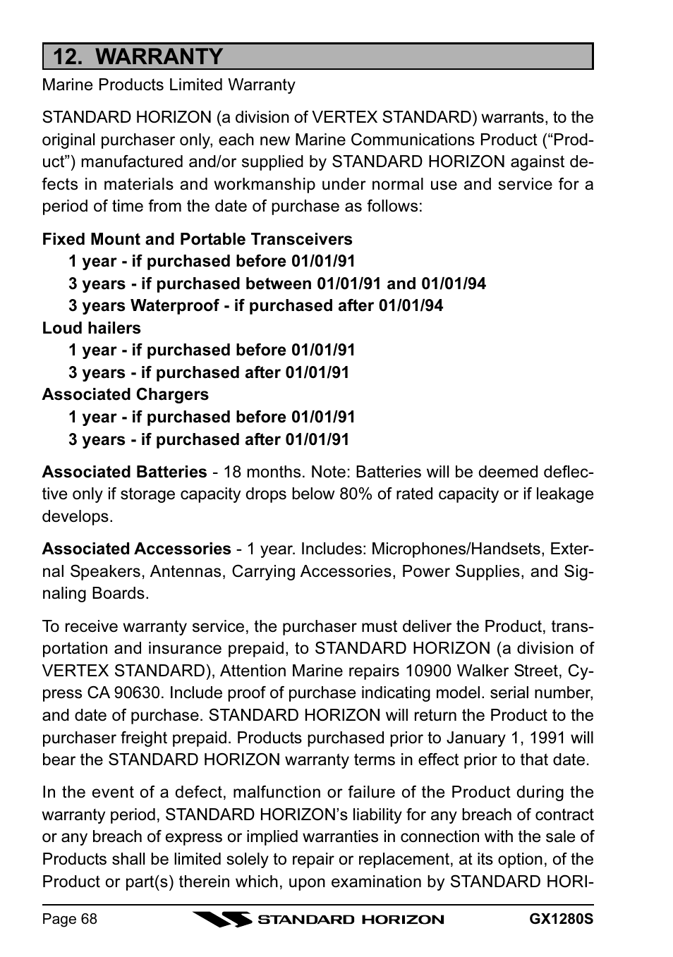 Warranty | Standard Horizon MATRIX GX1280S User Manual | Page 68 / 74
