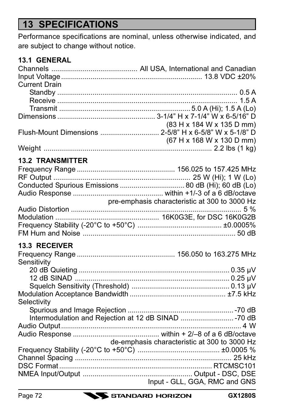 13 specifications | Standard Horizon MATRIX GX1280S User Manual | Page 72 / 74