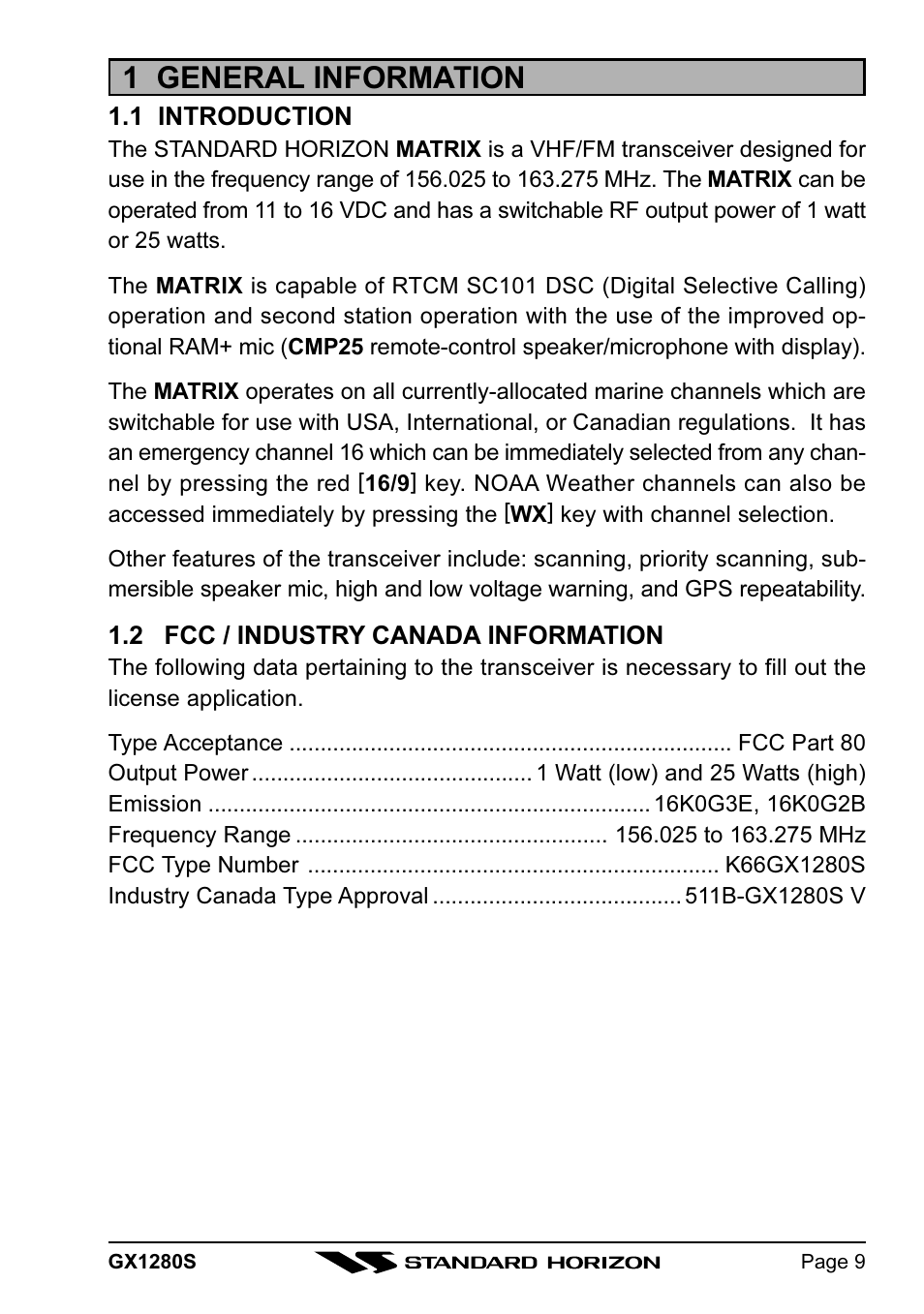 1 general information | Standard Horizon MATRIX GX1280S User Manual | Page 9 / 74