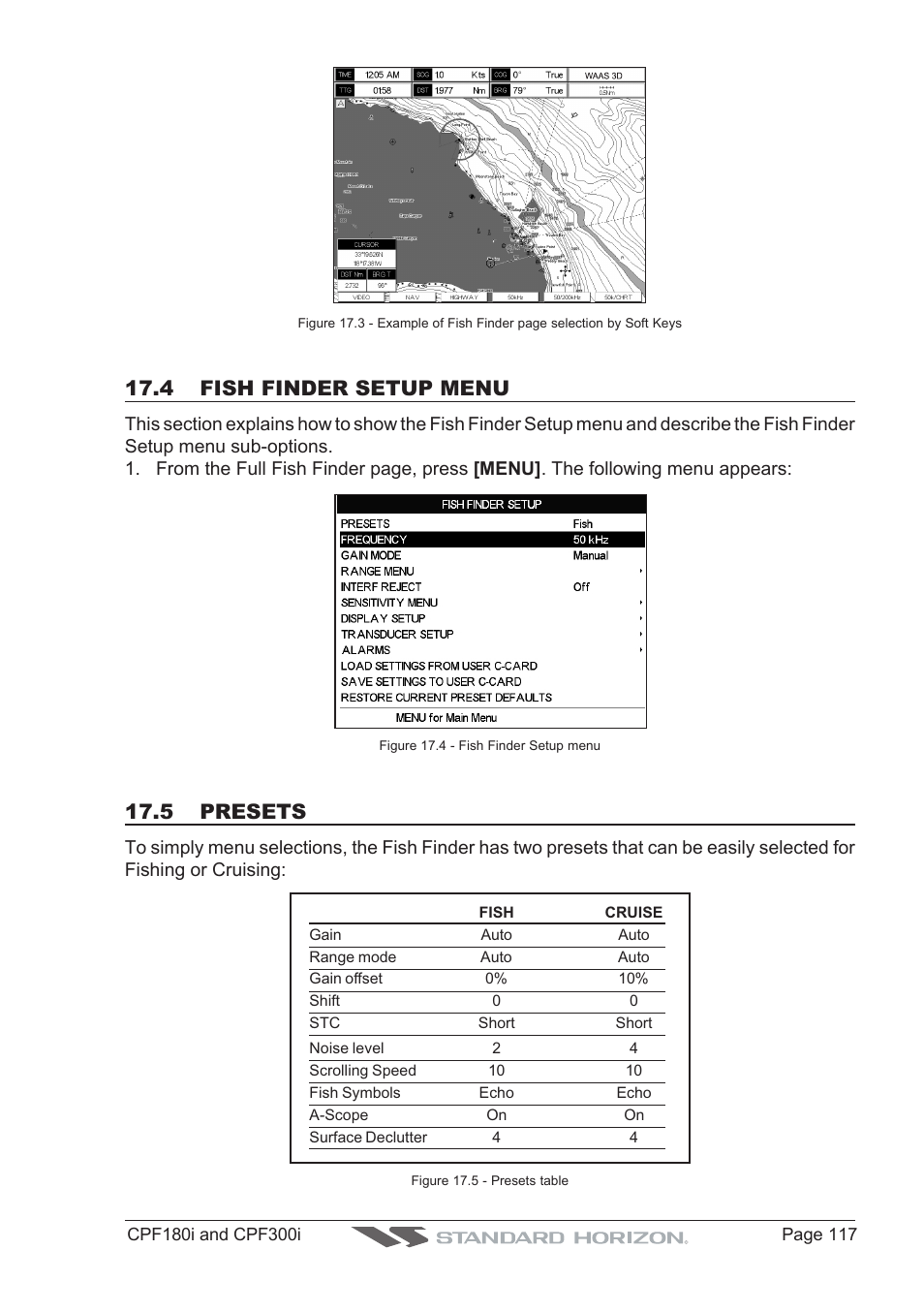 4 fish finder setup menu, 5 presets | Standard Horizon MAX CPF180I User Manual | Page 115 / 144