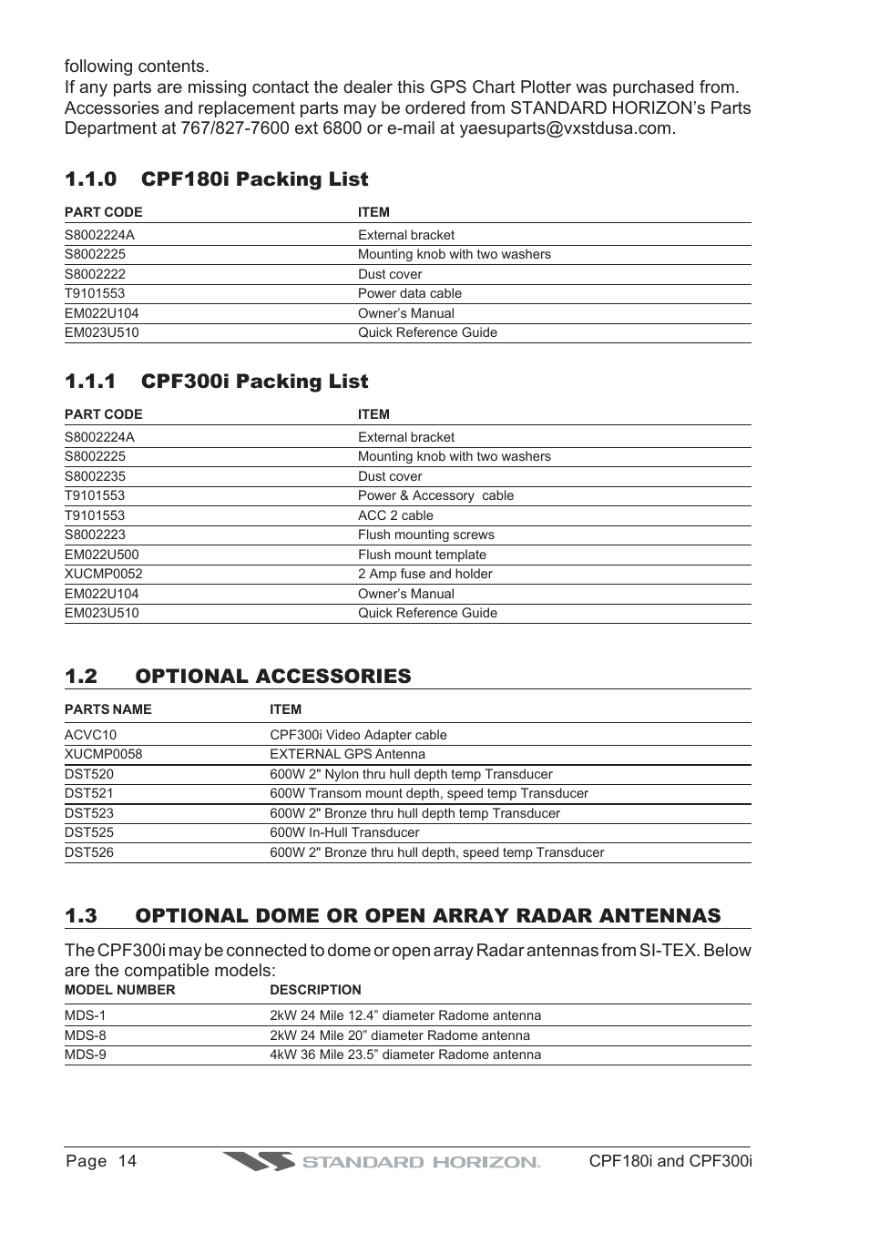 0 cpf180i packing list, 1 cpf300i packing list, 2 optional accessories | 3 optional dome or open array radar antennas | Standard Horizon MAX CPF180I User Manual | Page 12 / 144