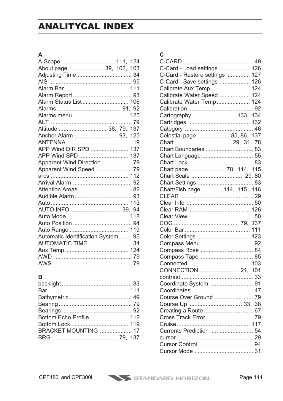 Analitycal index | Standard Horizon MAX CPF180I User Manual | Page 139 / 144