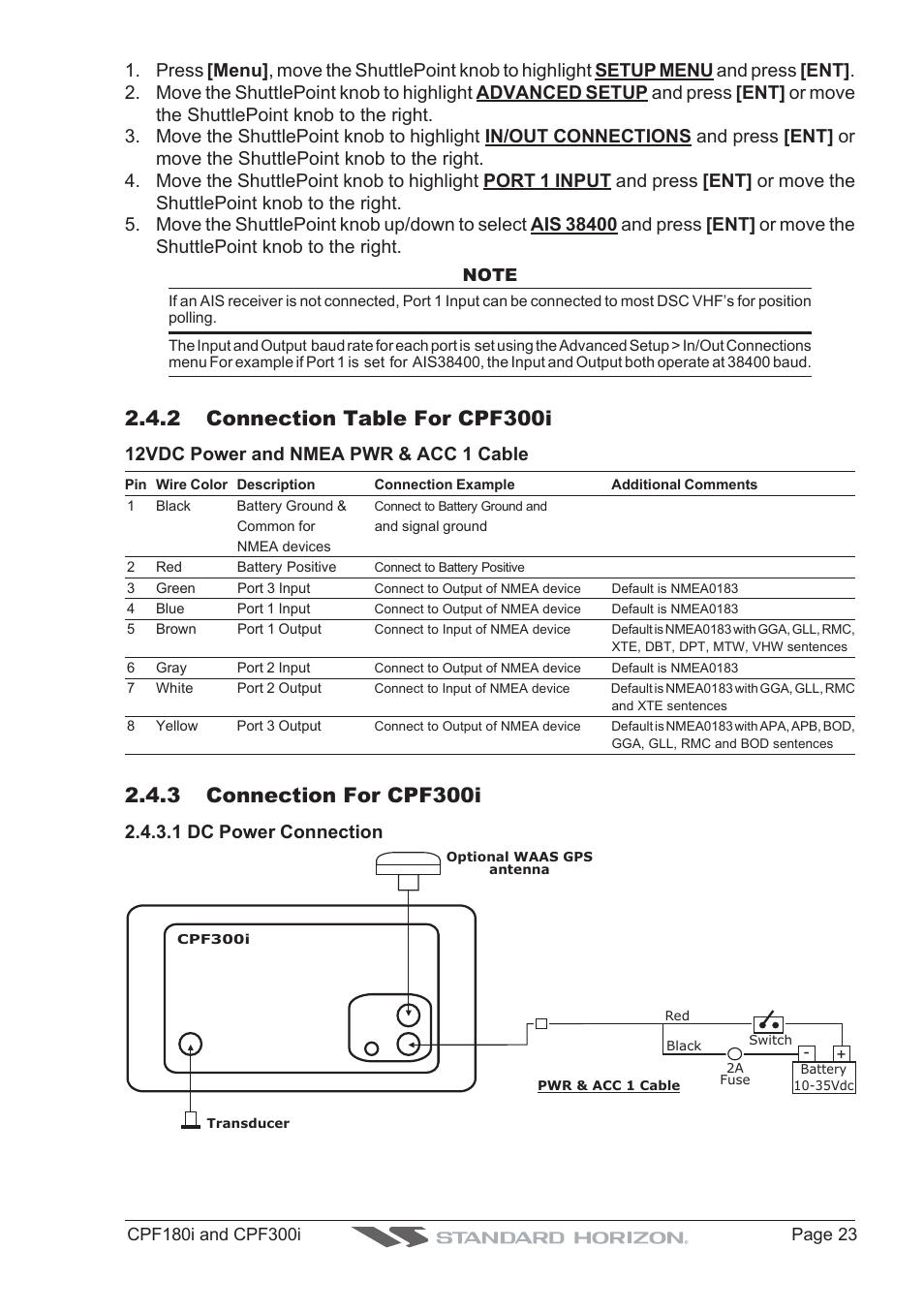 2 connection table for cpf300i, 3 connection for cpf300i, 12vdc power and nmea pwr & acc 1 cable | 1 dc power connection | Standard Horizon MAX CPF180I User Manual | Page 21 / 144