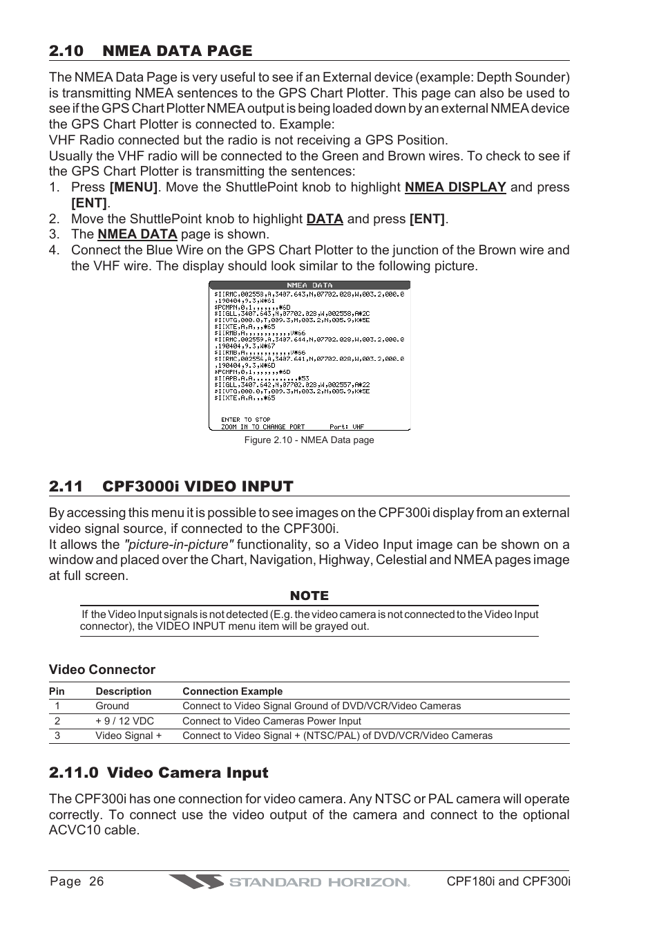 10 nmea data page, 0 video camera input | Standard Horizon MAX CPF180I User Manual | Page 24 / 144