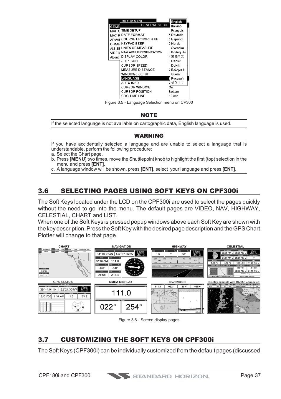 6 selecting pages using soft keys on cpf300i, 7 customizing the soft keys on cpf300i, Warning | Standard Horizon MAX CPF180I User Manual | Page 35 / 144