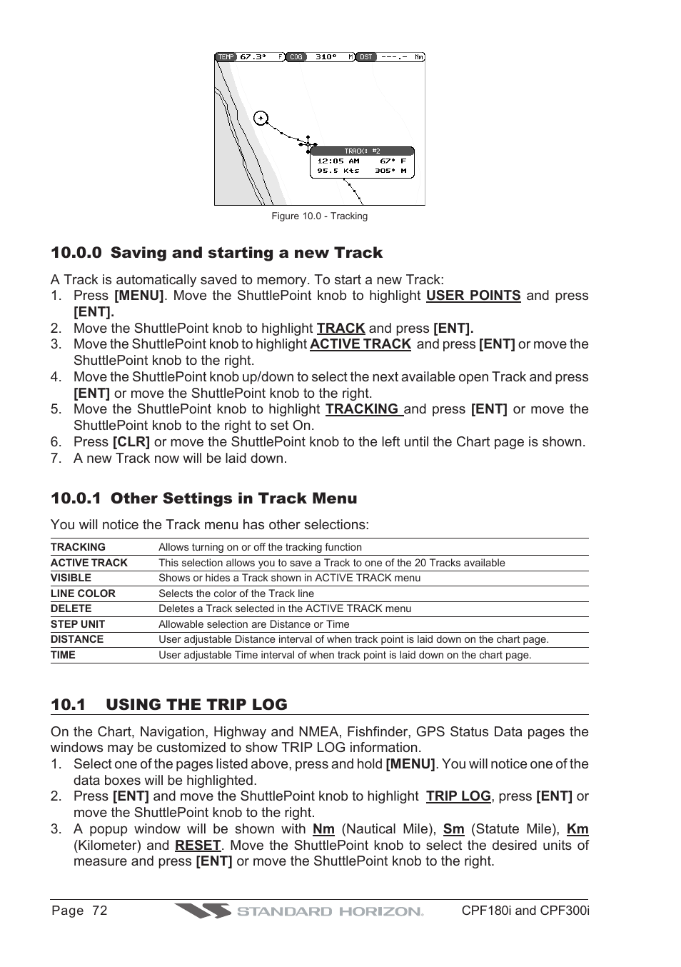 0 saving and starting a new track, 1 other settings in track menu, 1 using the trip log | Standard Horizon MAX CPF180I User Manual | Page 70 / 144