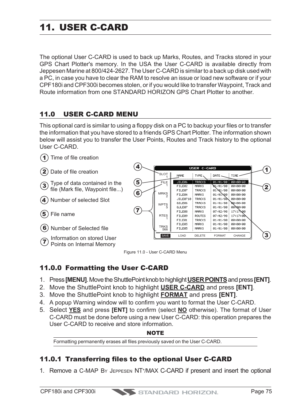 User c-card, 0 user c-card menu, 0 formatting the user c-card | 1 transferring files to the optional user c-card, Select, Remove a, C-card if present and insert the optional | Standard Horizon MAX CPF180I User Manual | Page 73 / 144