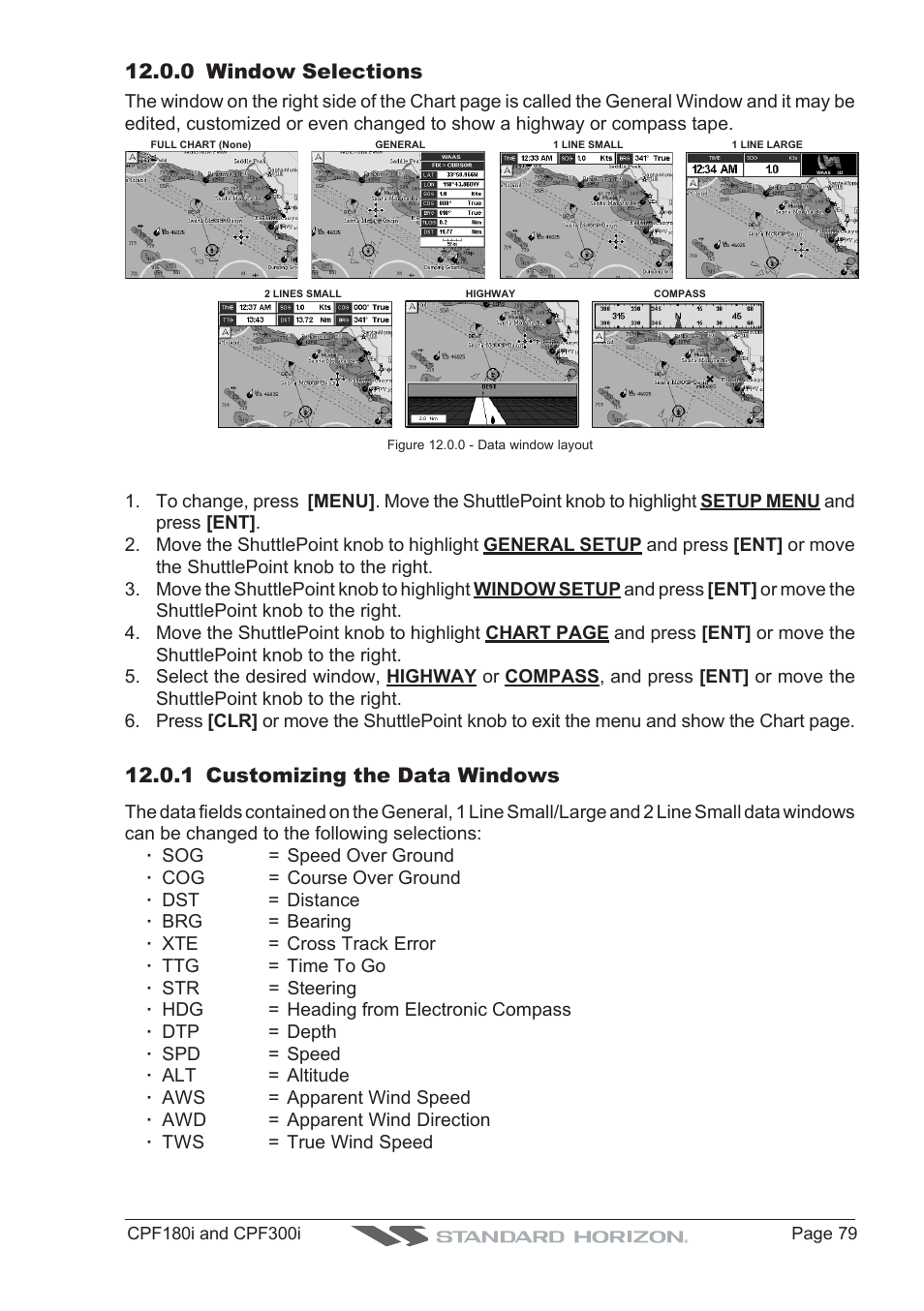 0 window selections, 1 customizing the data windows | Standard Horizon MAX CPF180I User Manual | Page 77 / 144