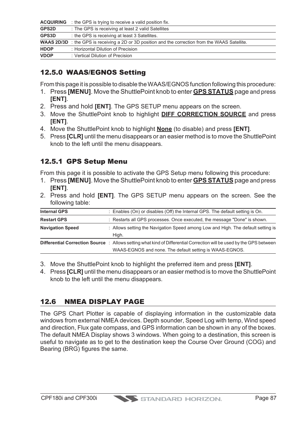 0 waas/egnos setting, 1 gps setup menu, 6 nmea display page | Standard Horizon MAX CPF180I User Manual | Page 85 / 144