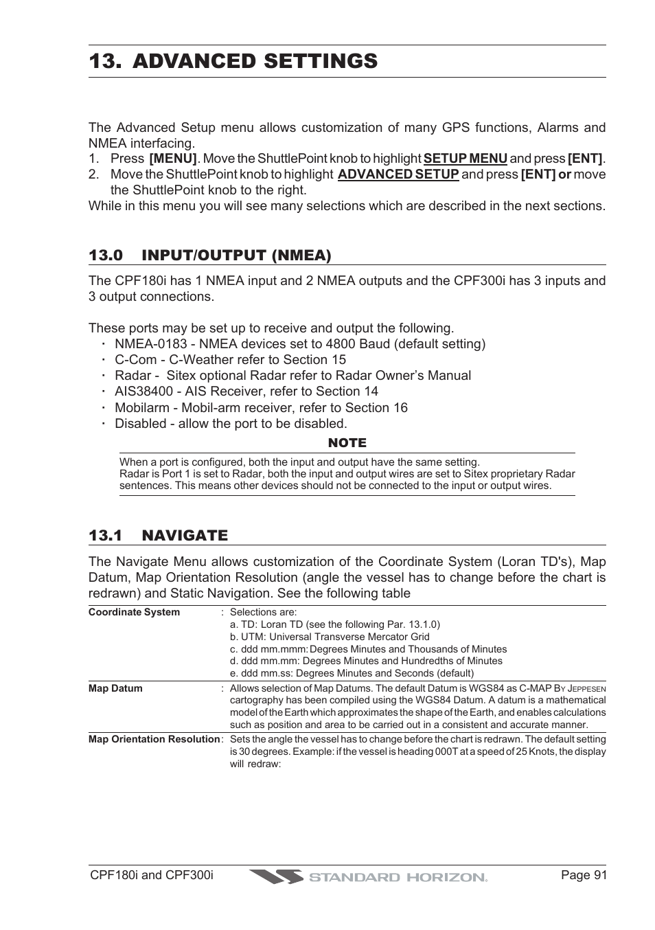 Advanced settings, 0 input/output (nmea), 1 navigate | Standard Horizon MAX CPF180I User Manual | Page 89 / 144