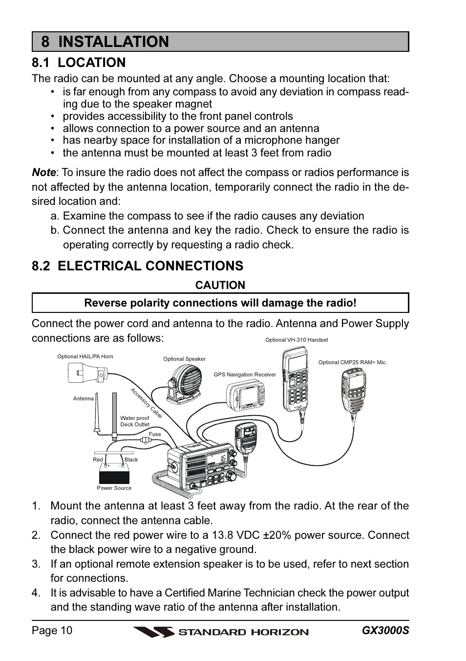 8 installation, 1 location, 2 electrical connections | Standard Horizon MATRIX GX3000S User Manual | Page 10 / 100