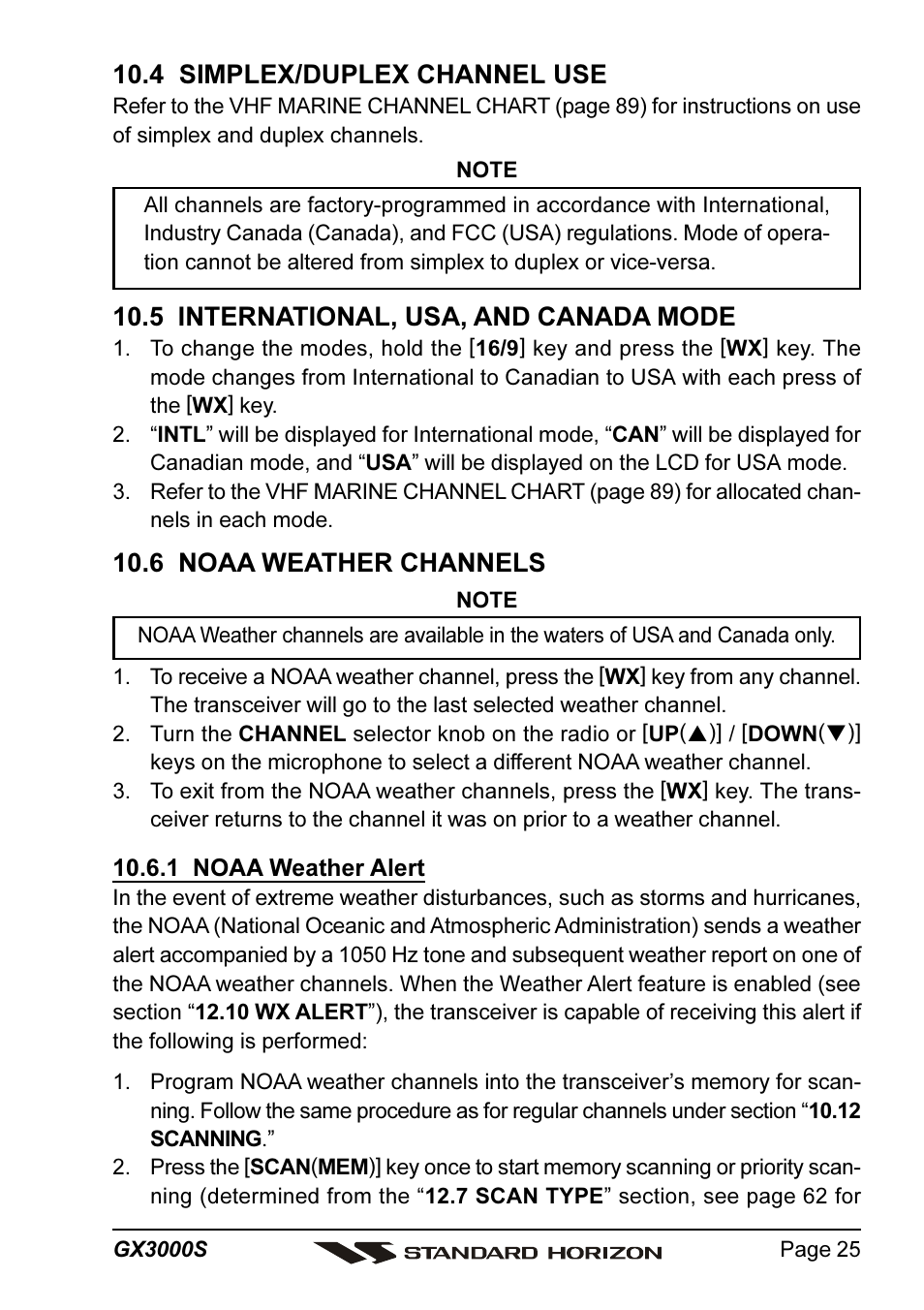 4 simplex/duplex channel use, 5 international, usa, and canada mode, 6 noaa weather channels | Standard Horizon MATRIX GX3000S User Manual | Page 25 / 100