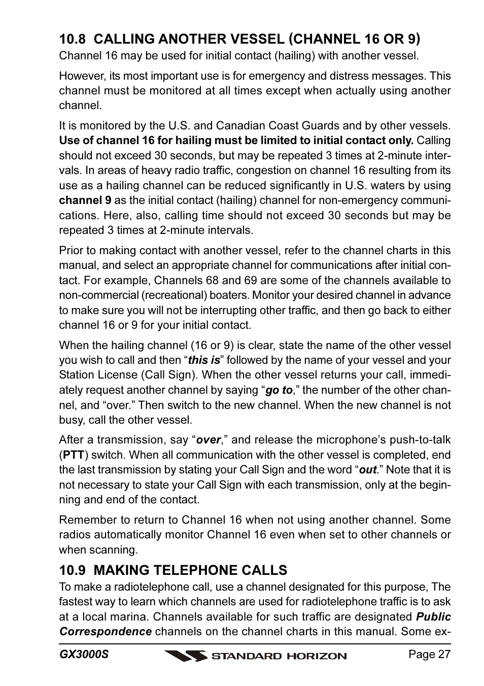 8 calling another vessel (channel 16 or 9), 9 making telephone calls | Standard Horizon MATRIX GX3000S User Manual | Page 27 / 100