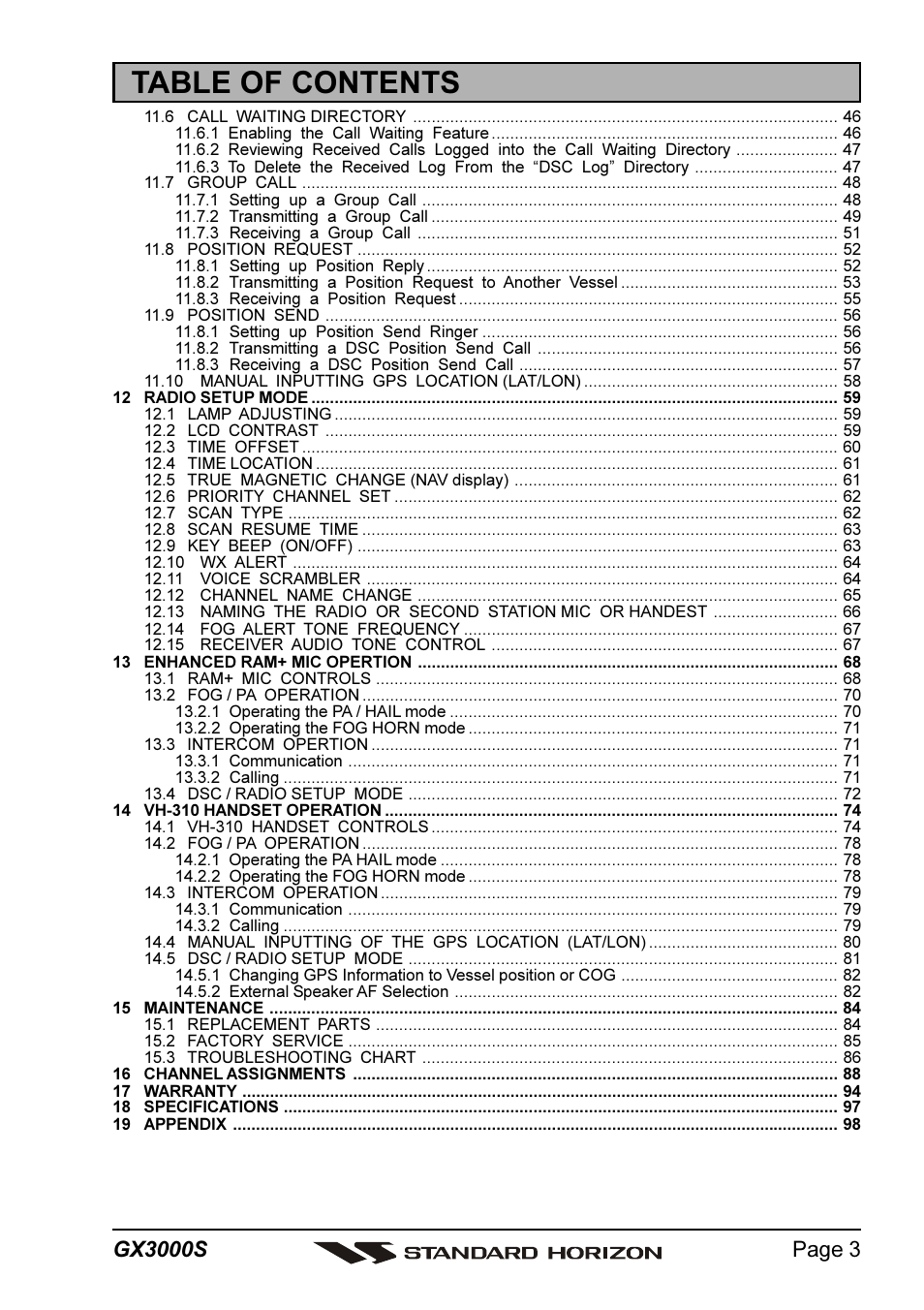 Standard Horizon MATRIX GX3000S User Manual | Page 3 / 100