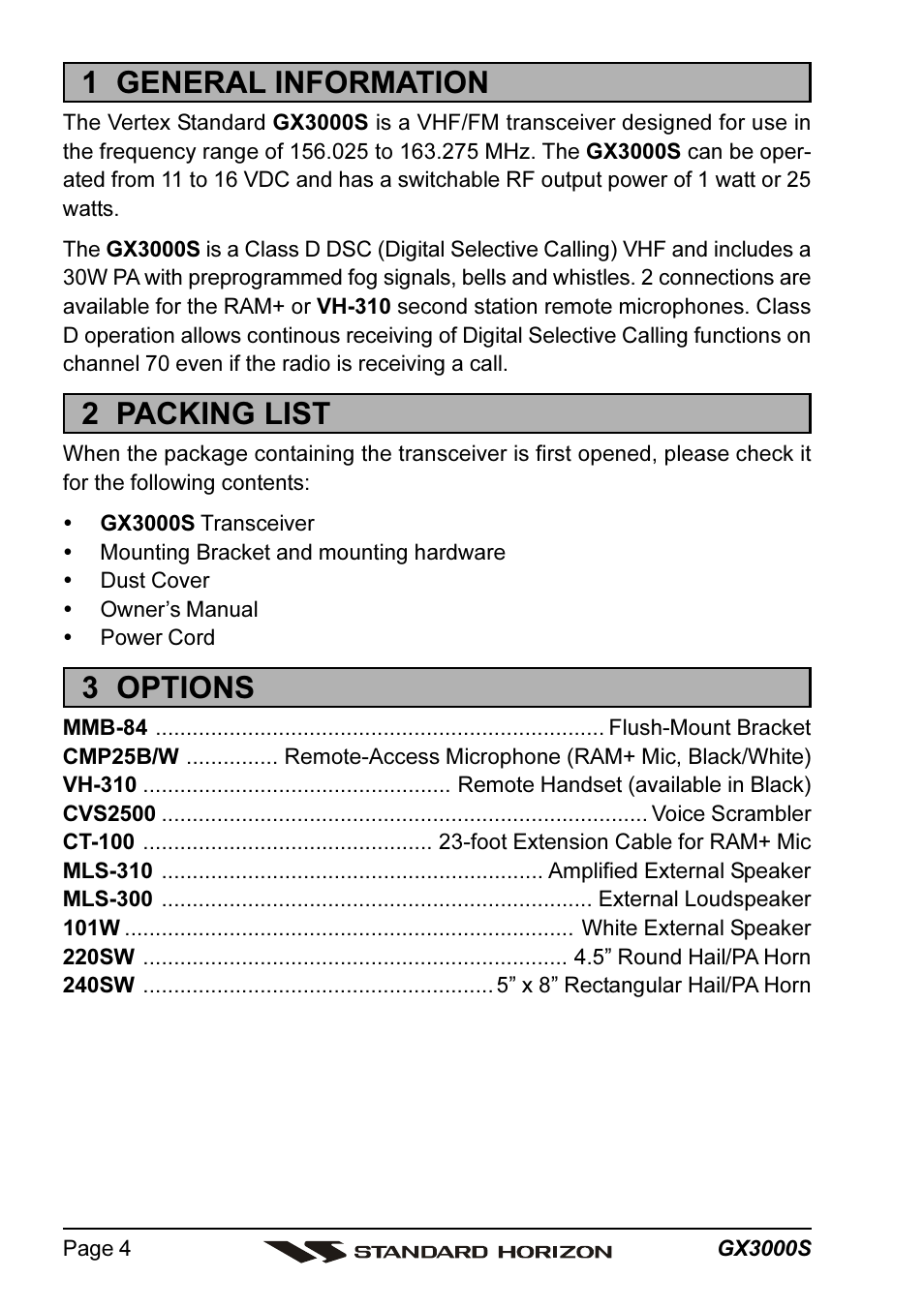 1 general information, 2 packing list, 3 options | Standard Horizon MATRIX GX3000S User Manual | Page 4 / 100