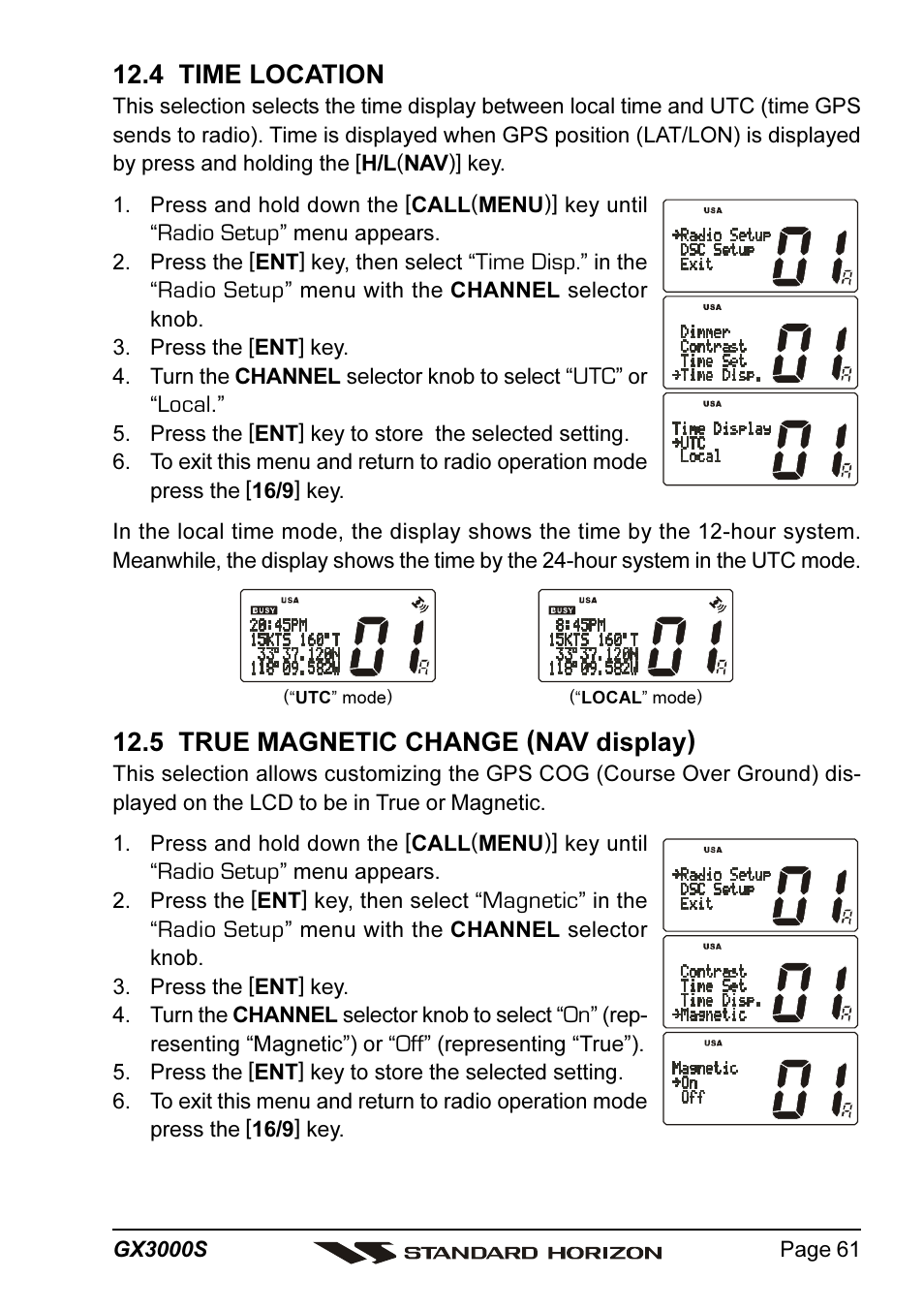 4 time location, 5 true magnetic change (nav display) | Standard Horizon MATRIX GX3000S User Manual | Page 61 / 100