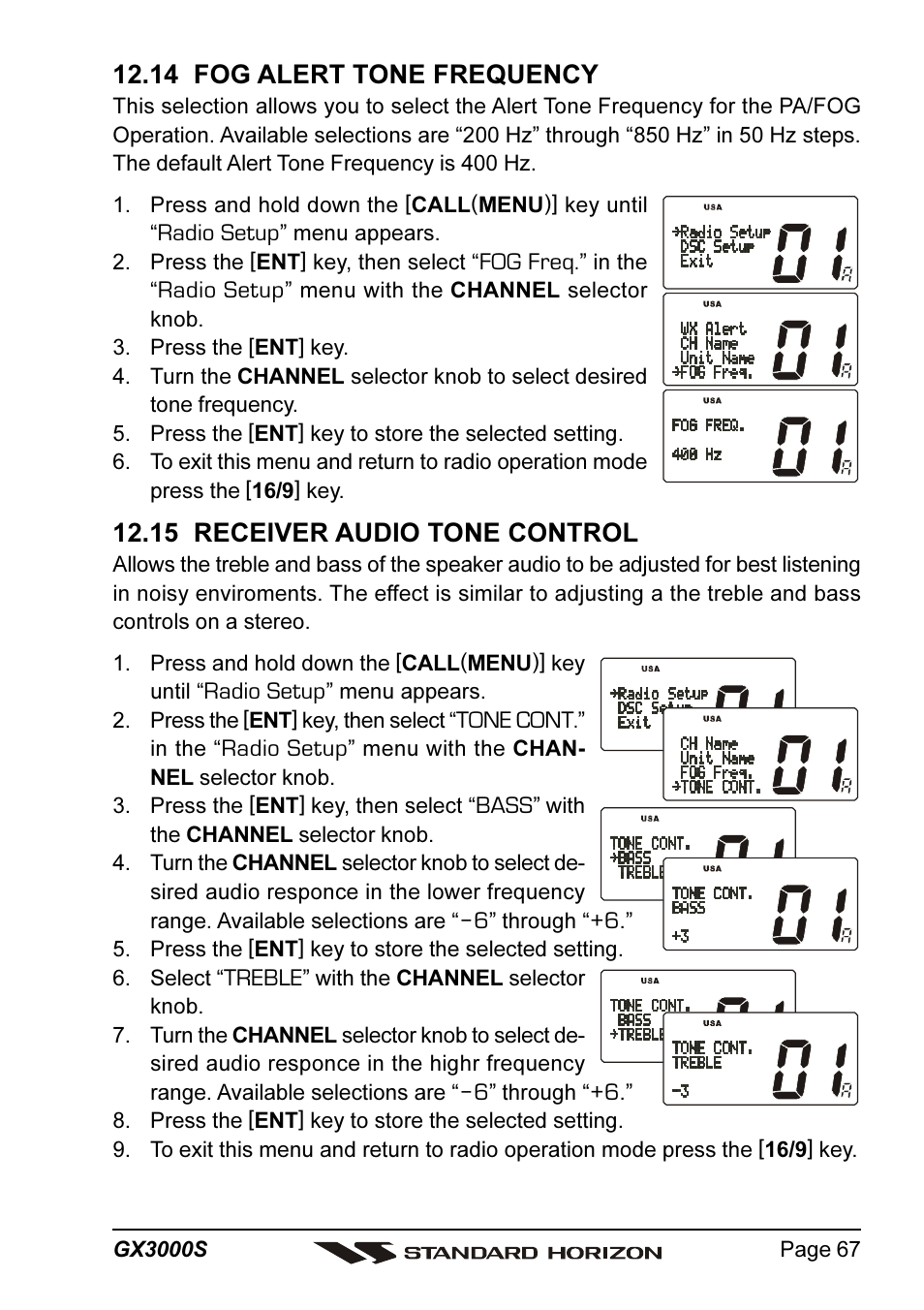 14 fog alert tone frequency, 15 receiver audio tone control | Standard Horizon MATRIX GX3000S User Manual | Page 67 / 100