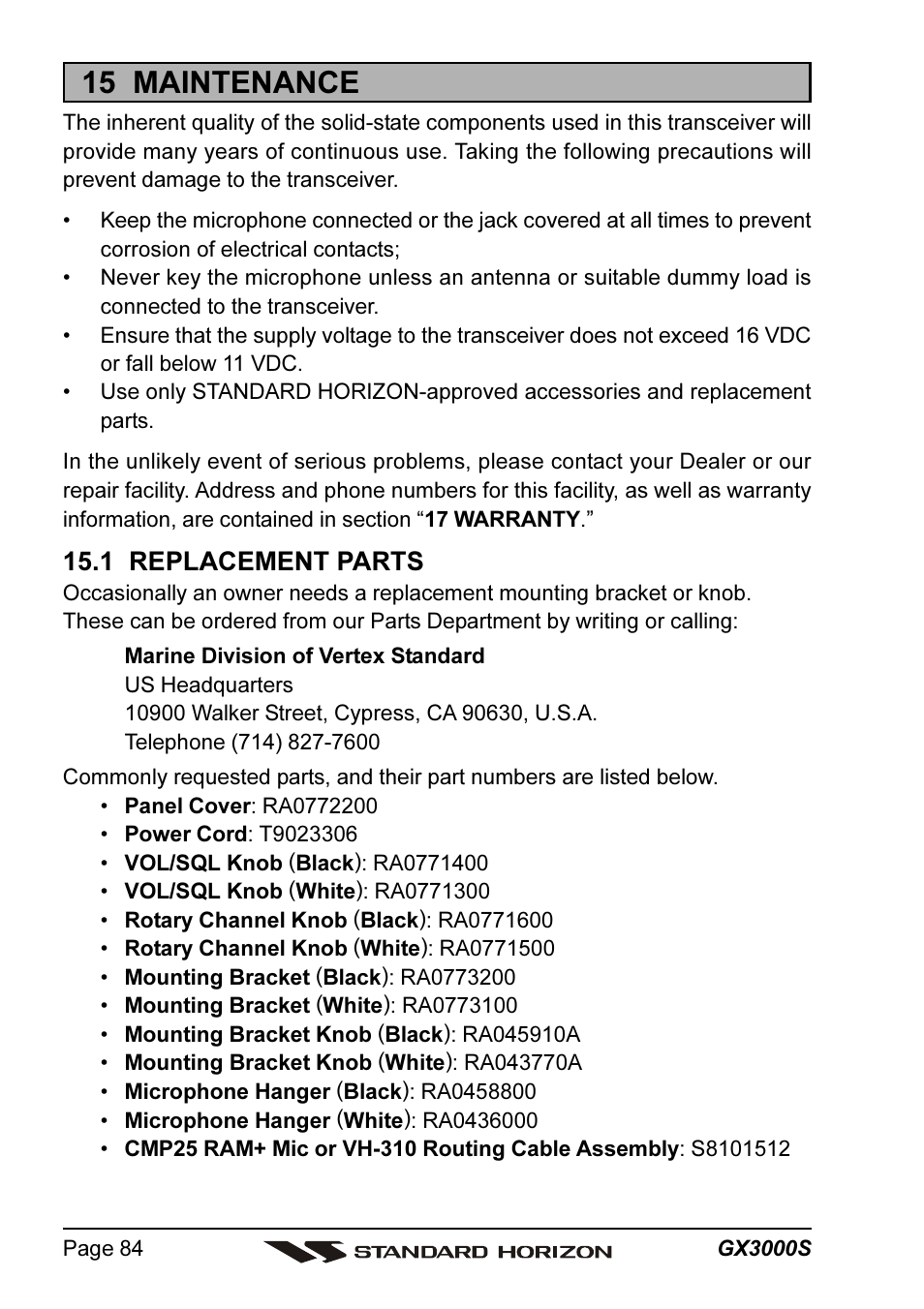 15 maintenance, 1 replacement parts | Standard Horizon MATRIX GX3000S User Manual | Page 84 / 100