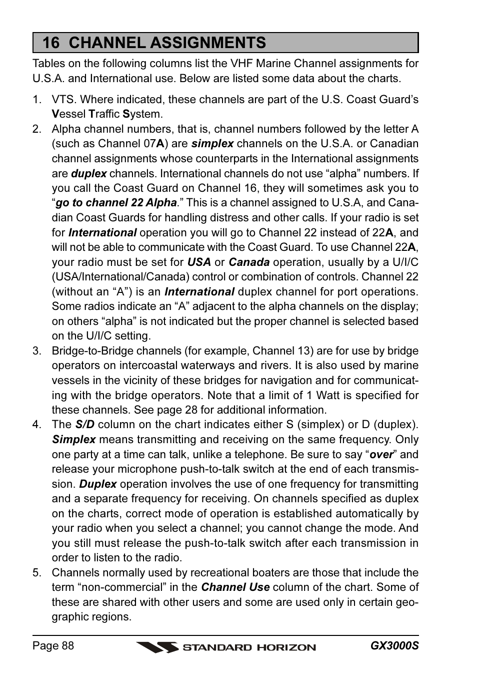 16 channel assignments | Standard Horizon MATRIX GX3000S User Manual | Page 88 / 100