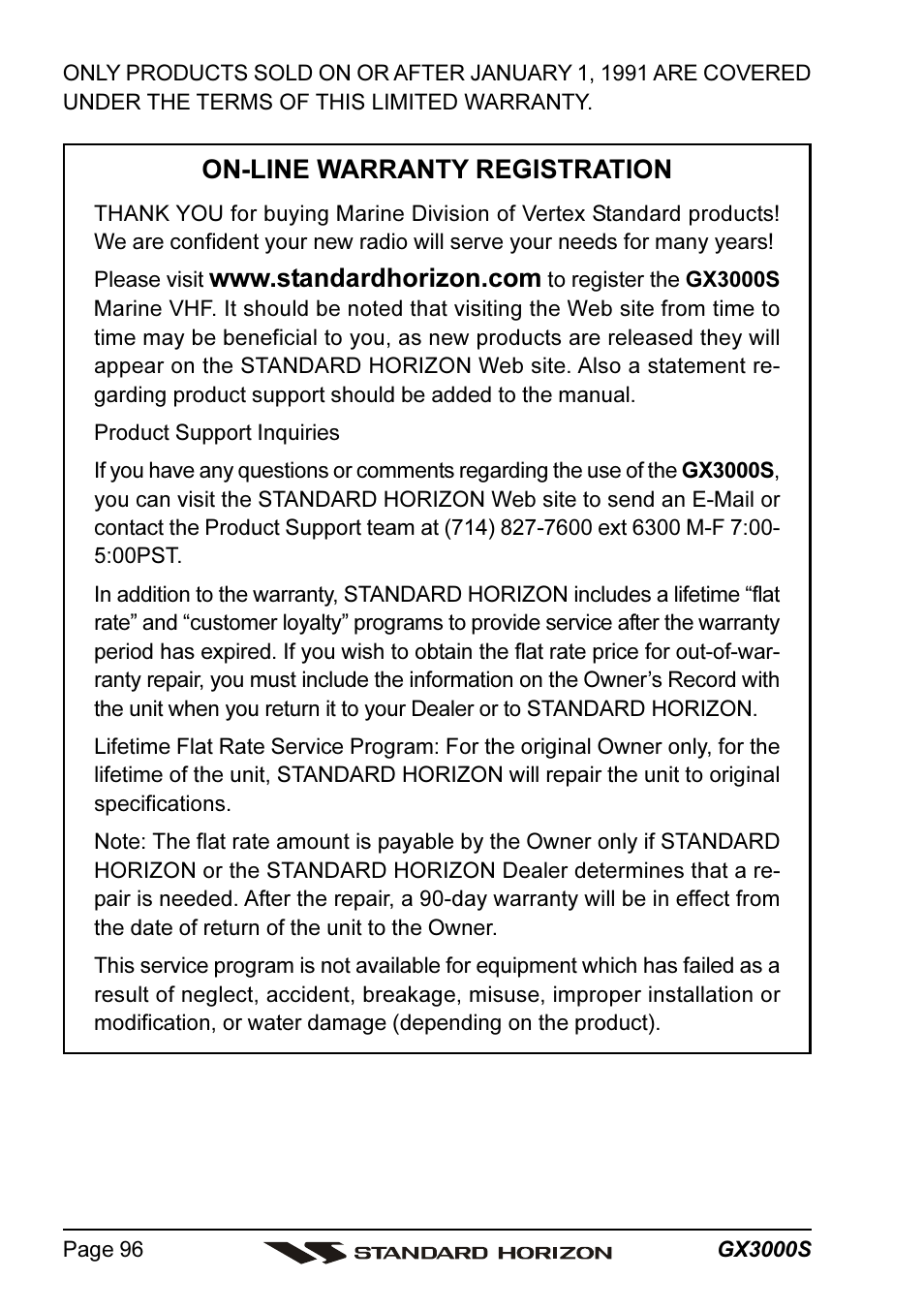 On-line warranty registration | Standard Horizon MATRIX GX3000S User Manual | Page 96 / 100