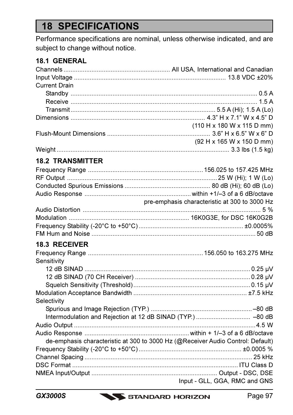 18 specifications | Standard Horizon MATRIX GX3000S User Manual | Page 97 / 100