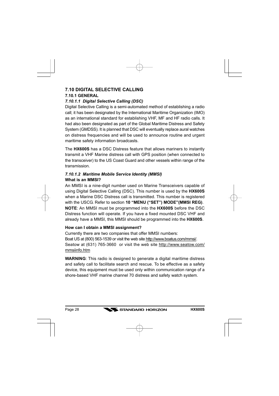 Standard Horizon VHF/FM Marine Handheld Transceiver HX600S User Manual | Page 30 / 56