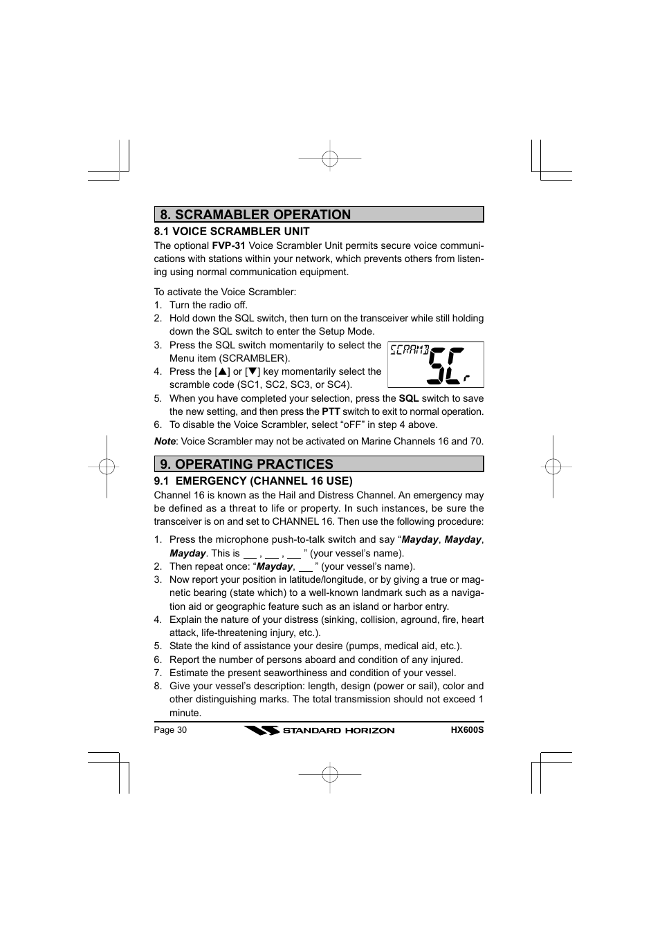 Scramabler operation, Operating practices | Standard Horizon VHF/FM Marine Handheld Transceiver HX600S User Manual | Page 32 / 56