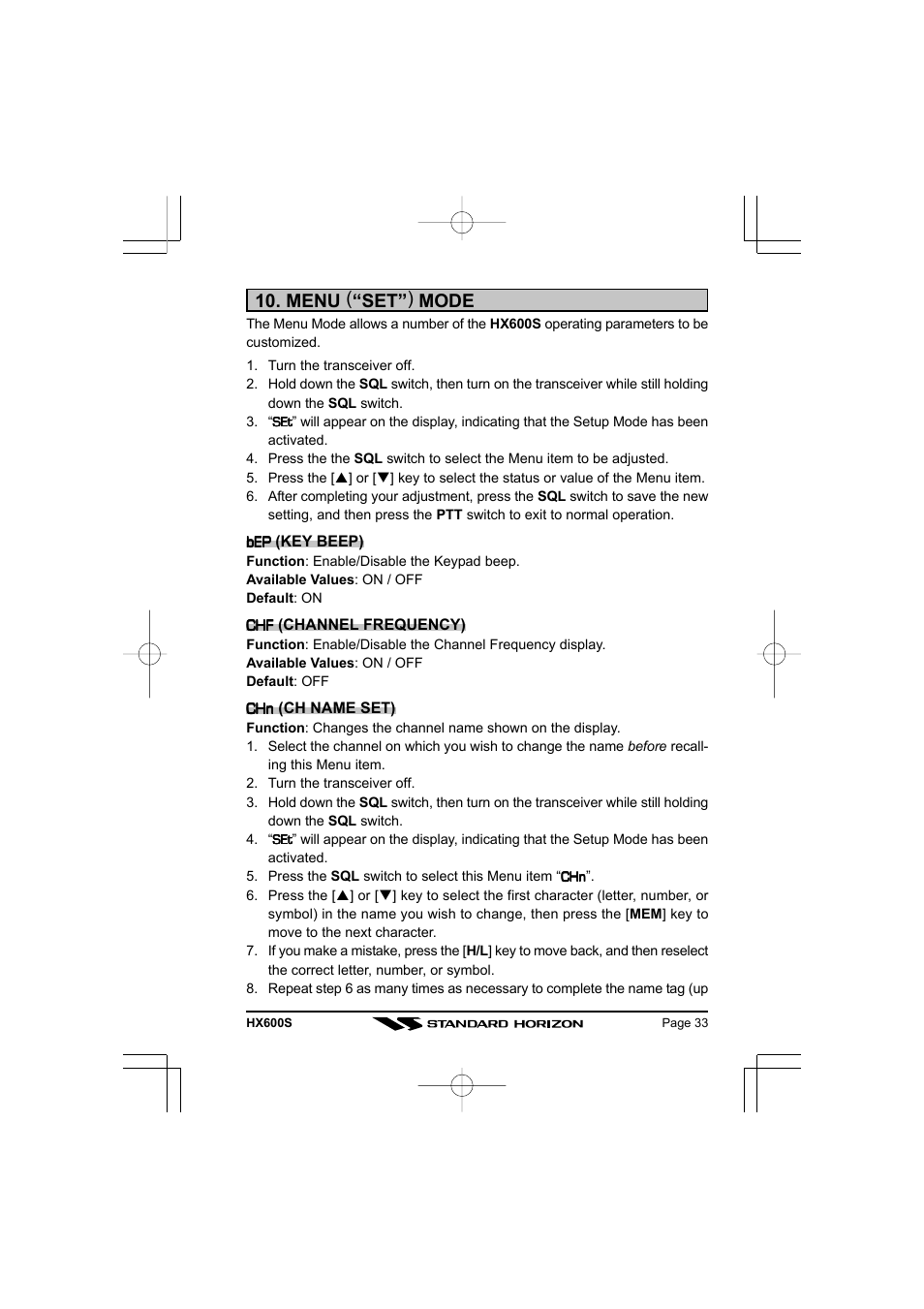Menu ( “set” ) mode | Standard Horizon VHF/FM Marine Handheld Transceiver HX600S User Manual | Page 35 / 56