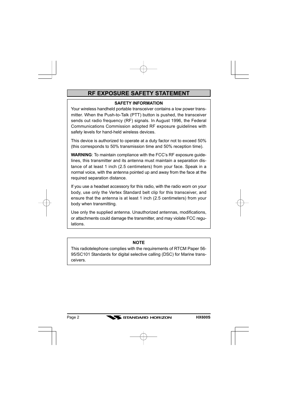 Rf exposure safety statement | Standard Horizon VHF/FM Marine Handheld Transceiver HX600S User Manual | Page 4 / 56