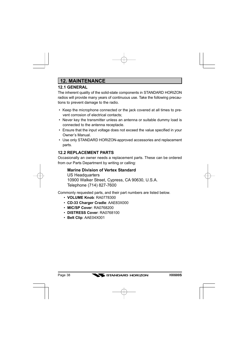 Maintenance | Standard Horizon VHF/FM Marine Handheld Transceiver HX600S User Manual | Page 40 / 56