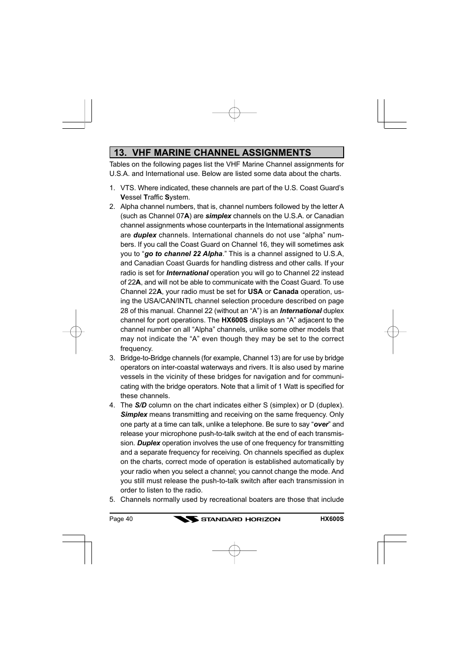 Vhf marine channel assignments | Standard Horizon VHF/FM Marine Handheld Transceiver HX600S User Manual | Page 42 / 56