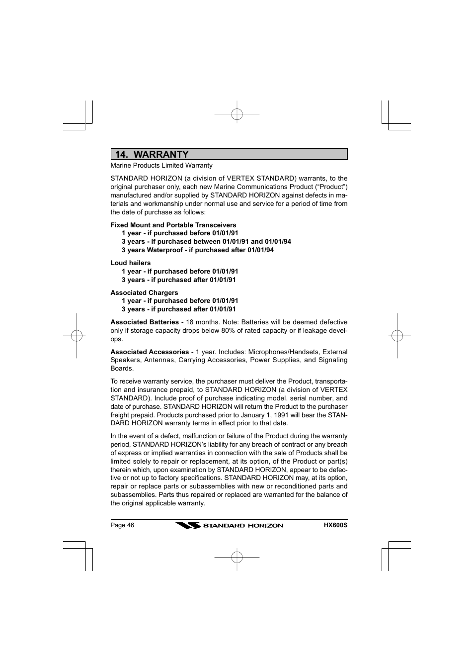Warranty | Standard Horizon VHF/FM Marine Handheld Transceiver HX600S User Manual | Page 48 / 56