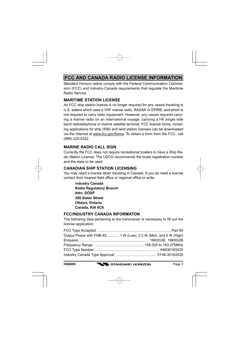 Fcc and canada radio license information | Standard Horizon VHF/FM Marine Handheld Transceiver HX600S User Manual | Page 5 / 56