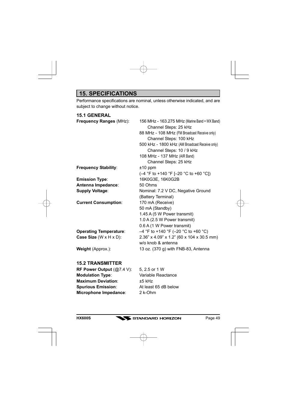 Specifications | Standard Horizon VHF/FM Marine Handheld Transceiver HX600S User Manual | Page 51 / 56