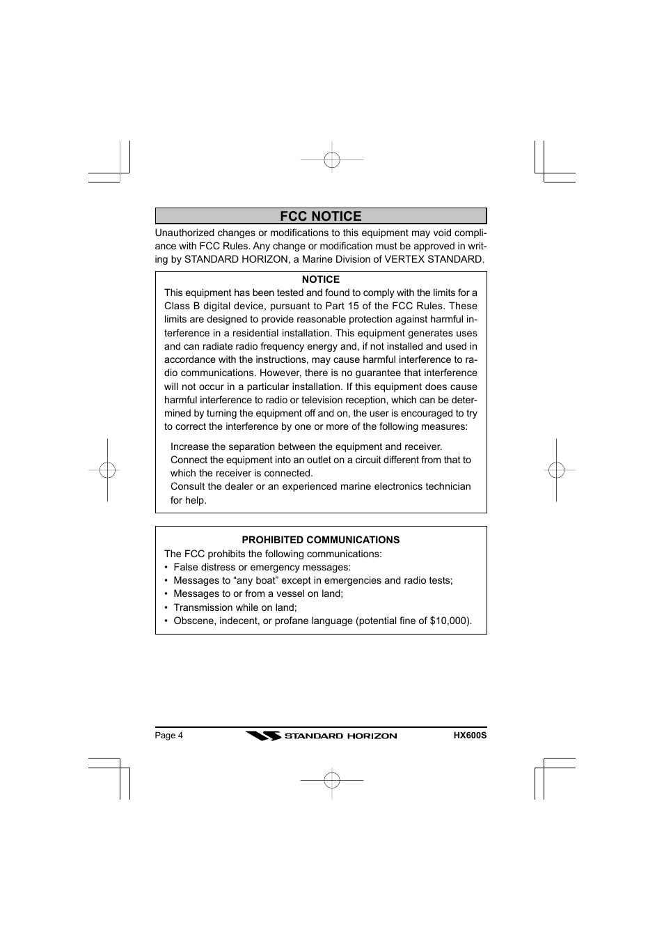 Fcc notice | Standard Horizon VHF/FM Marine Handheld Transceiver HX600S User Manual | Page 6 / 56